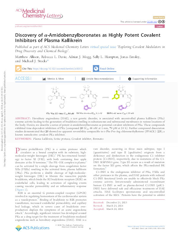 Discovery of α-Amidobenzylboronates as Highly Potent Covalent Inhibitors of Plasma Kallikrein Thumbnail
