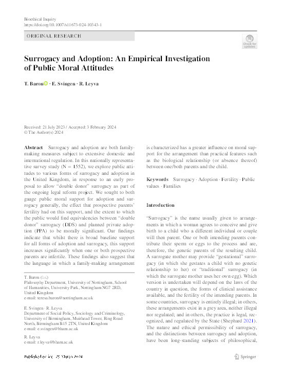 Surrogacy and Adoption: An Empirical Investigation of Public Moral Attitudes Thumbnail