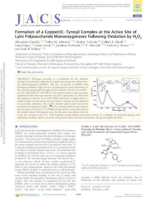 Formation of a Copper(II)–Tyrosyl Complex at the Active Site of Lytic Polysaccharide Monooxygenases Following Oxidation by H2O2 Thumbnail