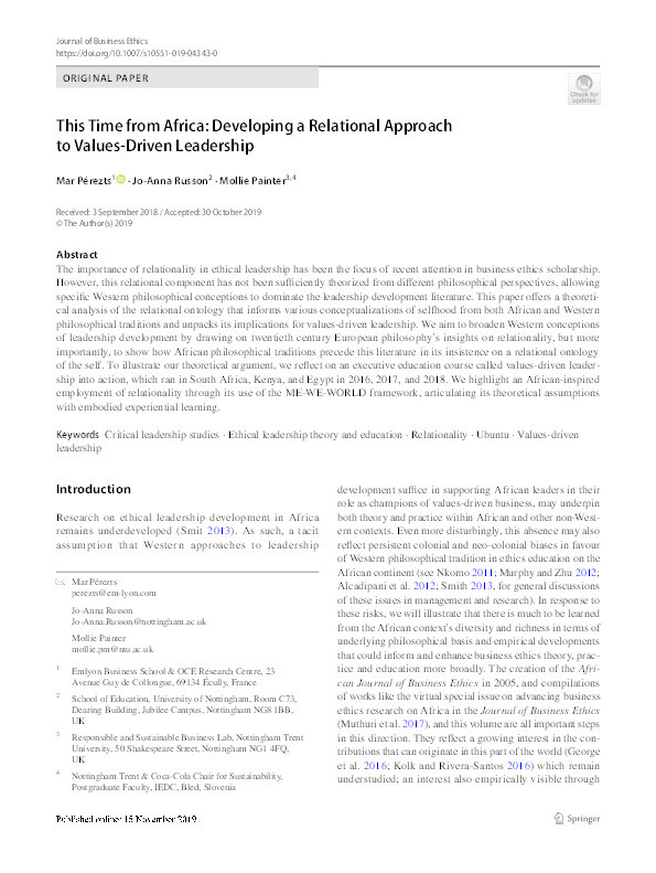 This Time from Africa: Developing a Relational Approach to Values-Driven Leadership Thumbnail