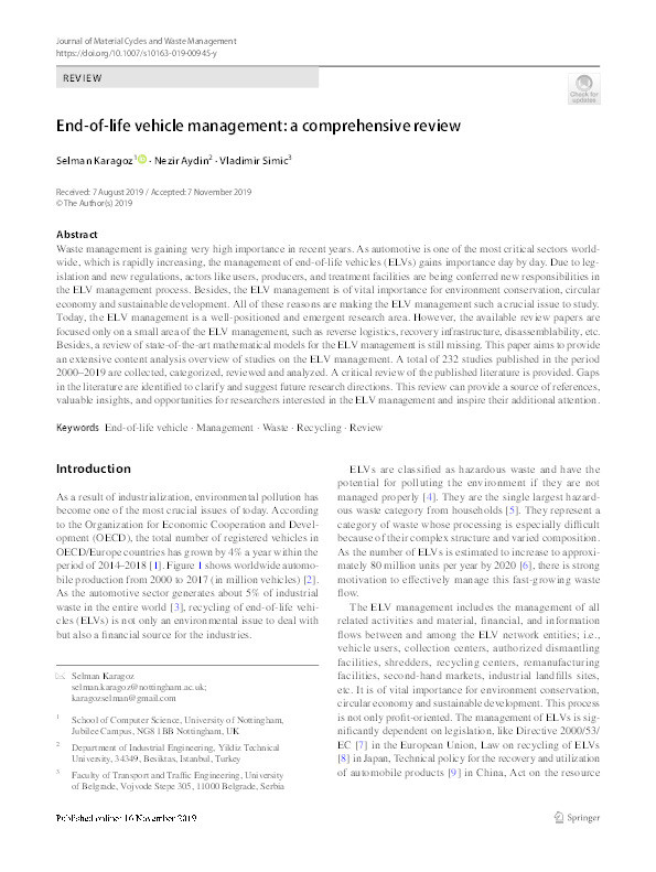 End-of-life vehicle management: a comprehensive review Thumbnail