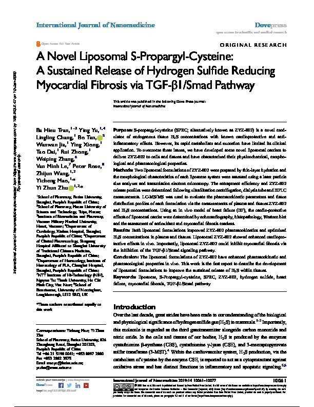 A novel liposomal S-propargyl-cysteine: a sustained release of hydrogen sulfide reducing myocardial fibrosis via TGF-?1/Smad pathway Thumbnail