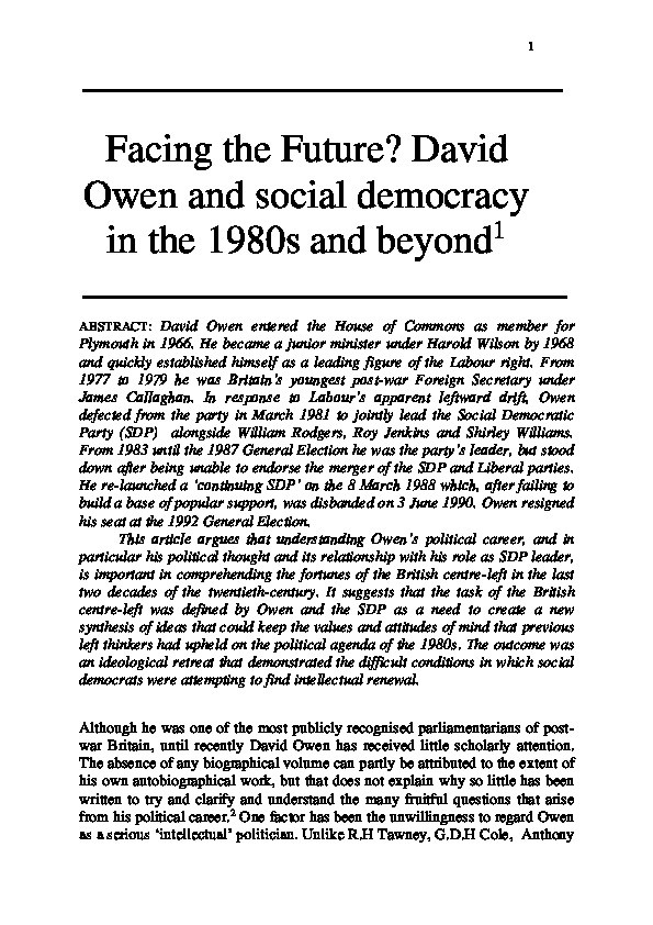 Facing the Future? David Owen and Social Democracy in the 1980s and Beyond Thumbnail