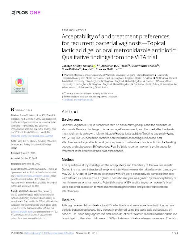 Acceptability of and treatment preferences for recurrent bacterial vaginosis—Topical lactic acid gel or oral metronidazole antibiotic: Qualitative findings from the VITA trial Thumbnail