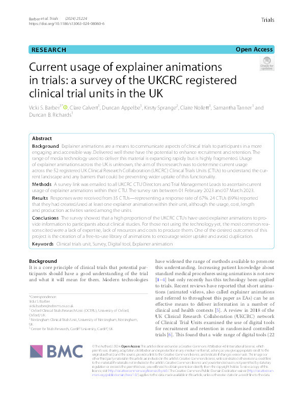 Current usage of explainer animations in trials: a survey of the UKCRC registered clinical trial units in the UK Thumbnail
