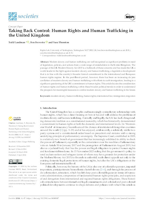 Taking Back Control: Human Rights and Human Trafficking in the United Kingdom Thumbnail