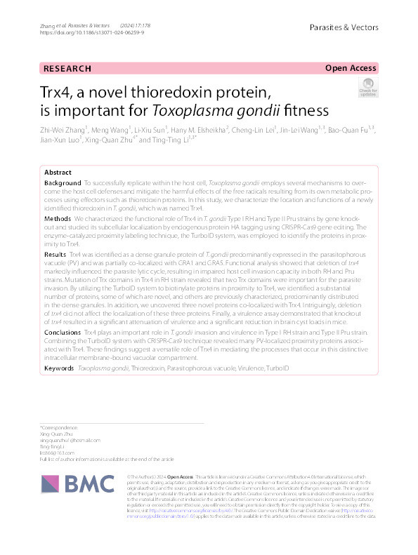 Trx4, a novel thioredoxin protein, is important for Toxoplasma gondii fitness Thumbnail