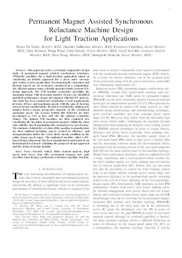 Permanent Magnet Assisted Synchronous Reluctance Machine Design for Light Traction Applications Thumbnail