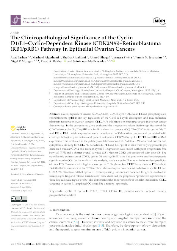 The Clinicopathological Significance of the Cyclin D1/E1–Cyclin-Dependent Kinase (CDK2/4/6)–Retinoblastoma (RB1/pRB1) Pathway in Epithelial Ovarian Cancers Thumbnail