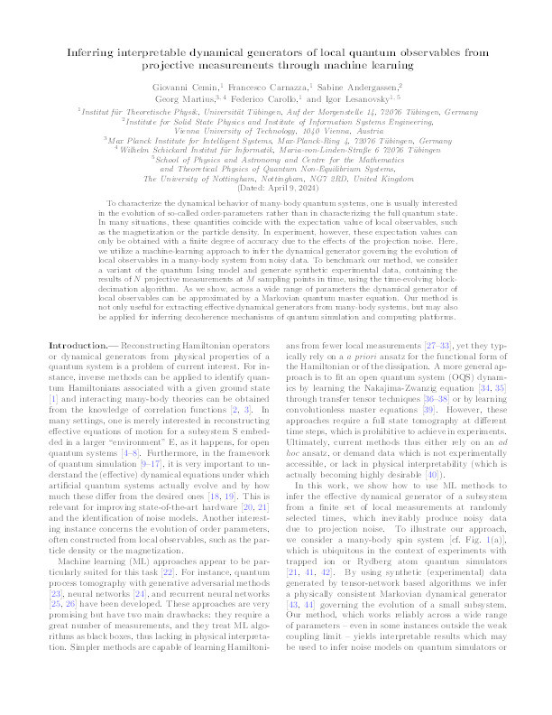 Inferring interpretable dynamical generators of local quantum observables from projective measurements through machine learning Thumbnail