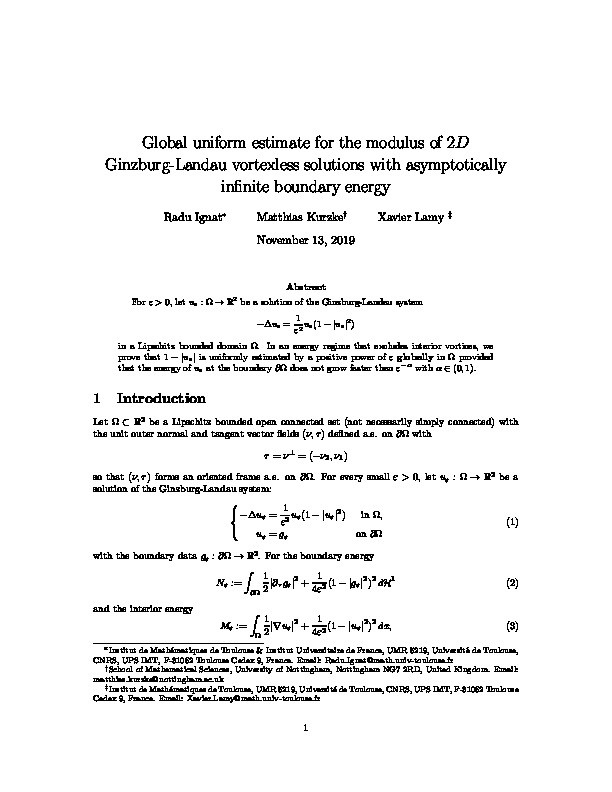Global Uniform Estimate for the Modulus of Two-Dimensional Ginzburg-Landau Vortexless Solutions with Asymptotically Infinite Boundary Energy Thumbnail