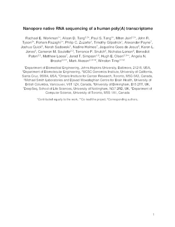 Nanopore native RNA sequencing of a human poly(A) transcriptome Thumbnail