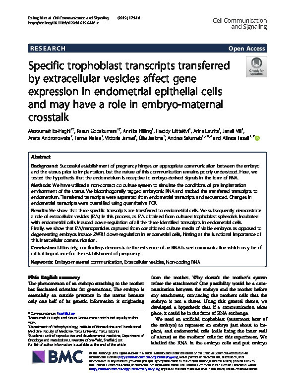 Specific trophoblast transcripts transferred by extracellular vesicles affect gene expression in endometrial epithelial cells and may have a role in embryo-maternal crosstalk Thumbnail