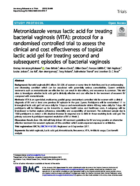 Metronidazole versus lactic acid for treating bacterial vaginosis (VITA): protocol for a randomised controlled trial to assess the clinical and cost effectiveness of topical lactic acid gel for treating second and subsequent episodes of bacterial vaginosis Thumbnail