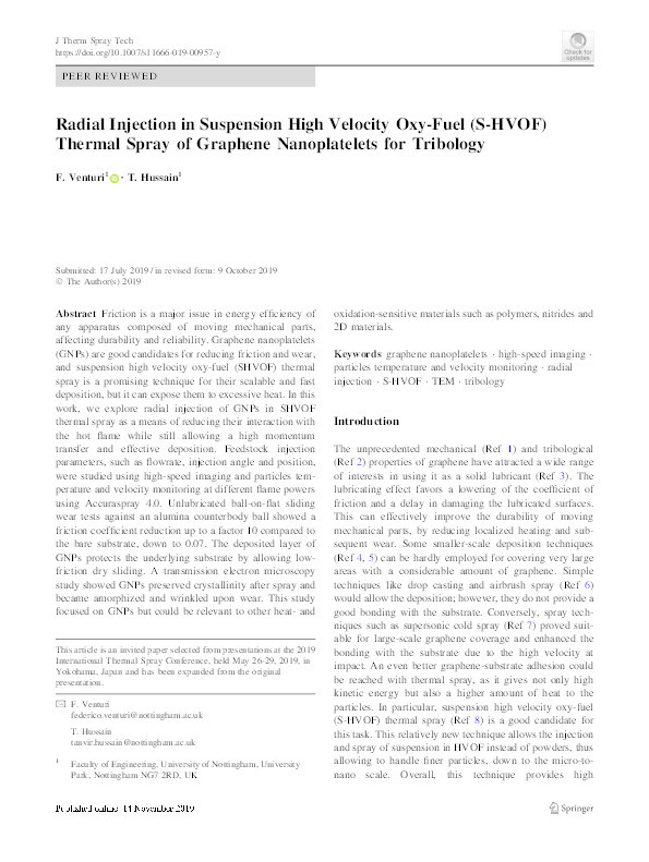 Radial Injection in Suspension High Velocity Oxy-Fuel (S-HVOF) Thermal Spray of Graphene Nanoplatelets for Tribology Thumbnail