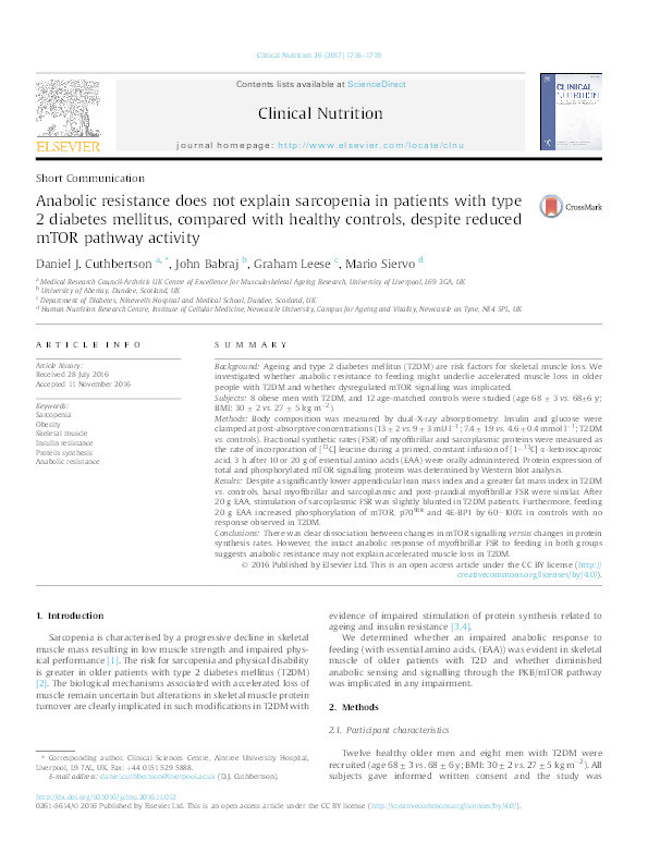 Anabolic resistance does not explain sarcopenia in patients with type 2 diabetes mellitus, compared with healthy controls, despite reduced mTOR pathway activity Thumbnail