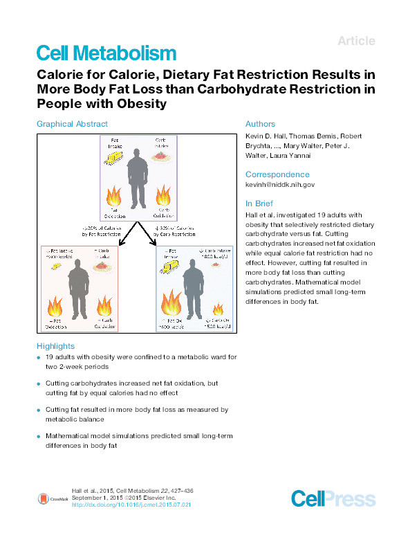 Calorie for calorie, dietary fat restriction results in more body fat loss than carbohydrate restriction in people with obesity Thumbnail