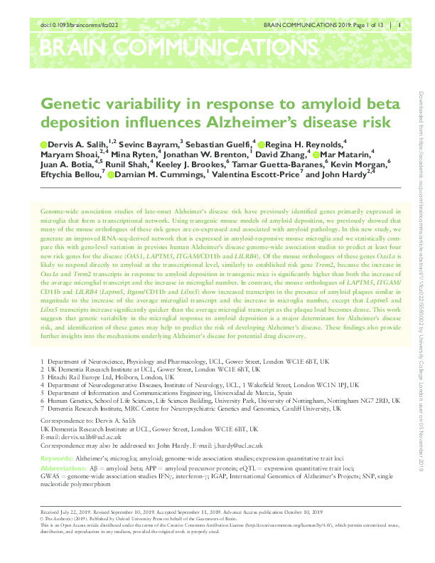 Genetic variability in response to amyloid beta deposition influences Alzheimer’s disease risk Thumbnail