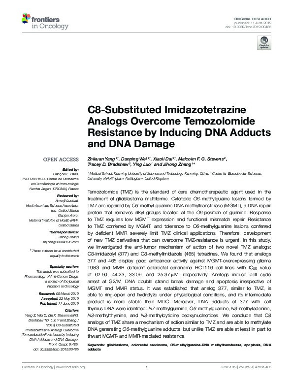 C8-substituted imidazotetrazine analogs overcome temozolomide resistance by inducing DNA adducts and DNA damage Thumbnail