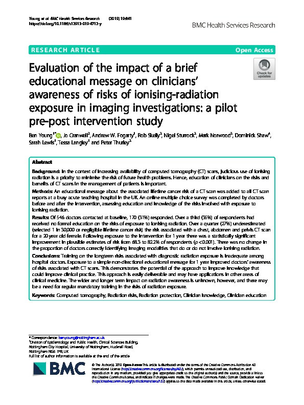 Evaluation of the impact of a brief educational message on clinicians’ awareness of risks of ionising-radiation exposure in imaging investigations: a pilot pre-post intervention study Thumbnail