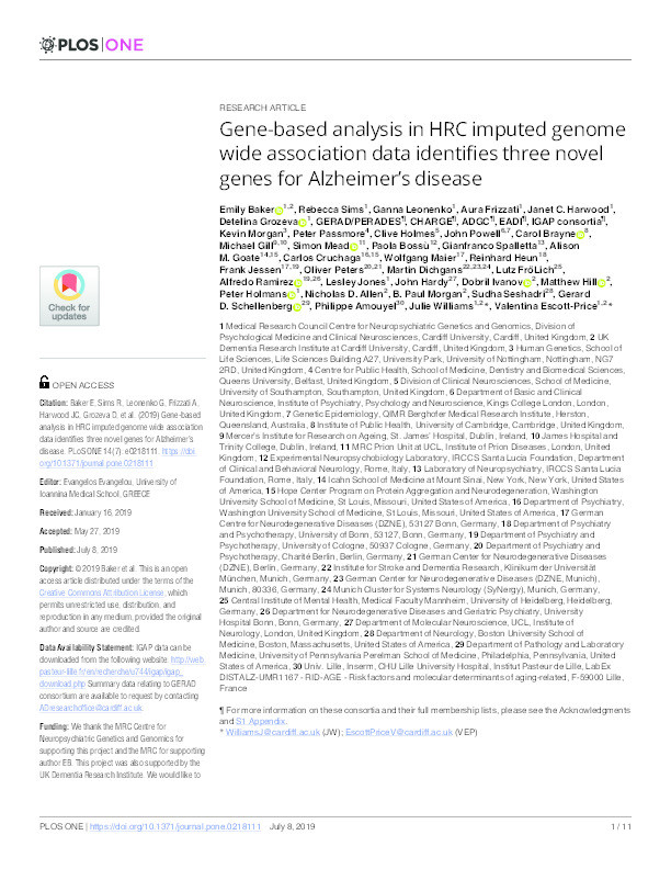 Gene-based analysis in HRC imputed genome wide association data identifies three novel genes for Alzheimer’s disease Thumbnail