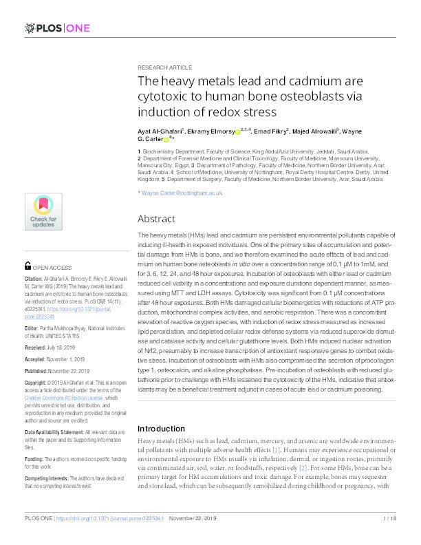The heavy metals lead and cadmium are cytotoxic to human bone osteoblasts via induction of redox stress Thumbnail