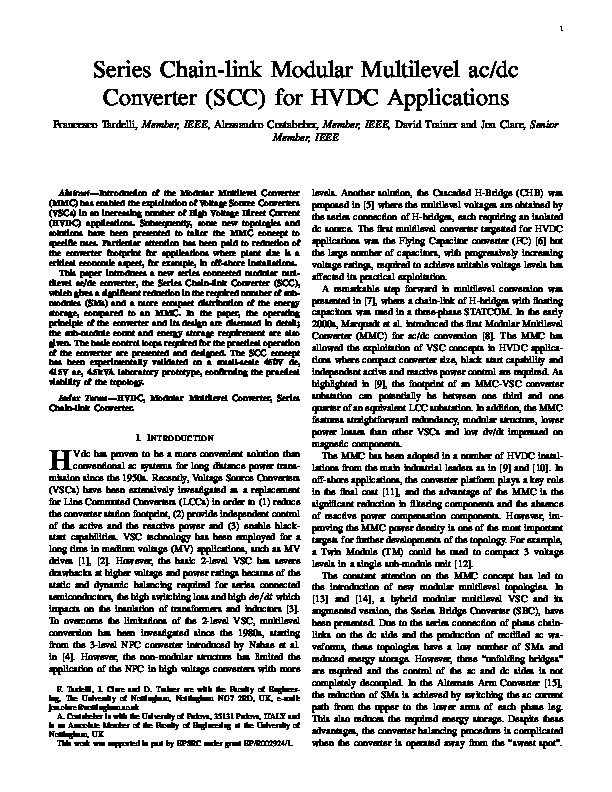 Series Chain-link Modular Multilevel AC/DC Converter (SCC) for HVDC Applications Thumbnail