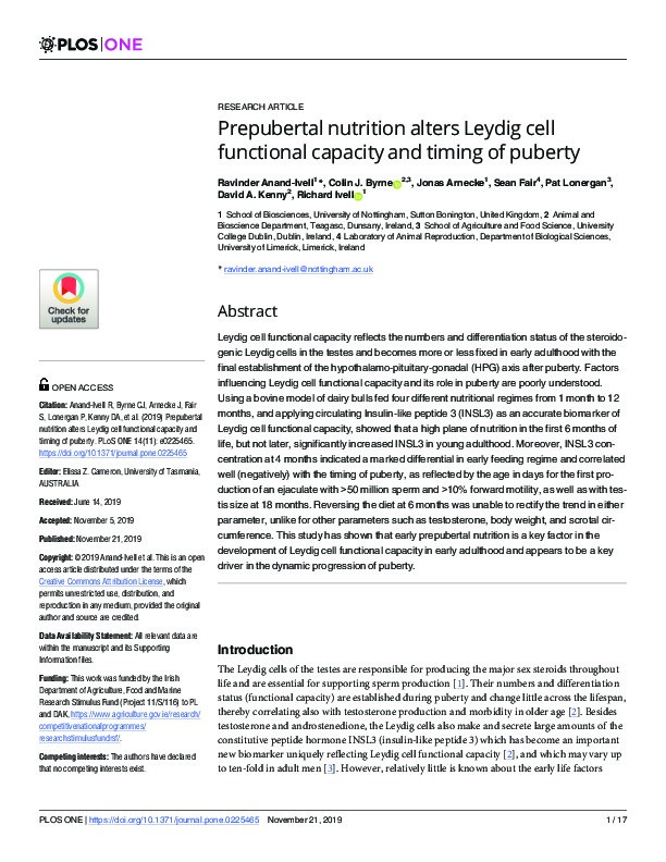 Prepubertal nutrition alters Leydig cell functional capacity and timing of puberty Thumbnail