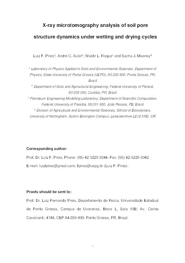 X-ray microtomography analysis of soil pore structure dynamics under wetting and drying cycles Thumbnail