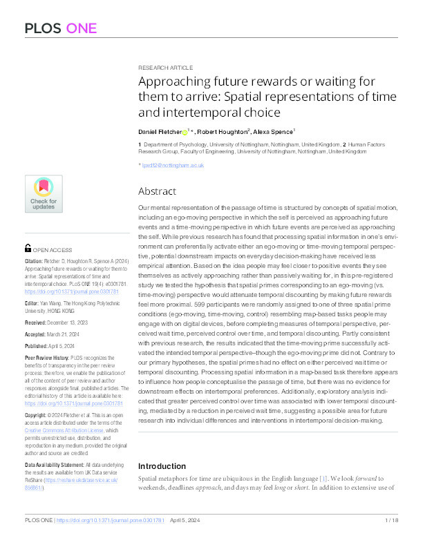 Approaching future rewards or waiting for them to arrive: Spatial representations of time and intertemporal choice Thumbnail
