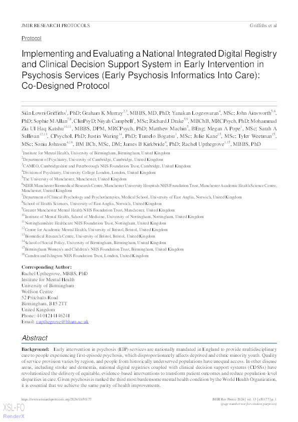 Implementing and Evaluating a National Integrated Digital Registry and Clinical Decision Support System in Early Intervention in Psychosis Services (Early Psychosis Informatics Into Care): Co-Designed Protocol Thumbnail