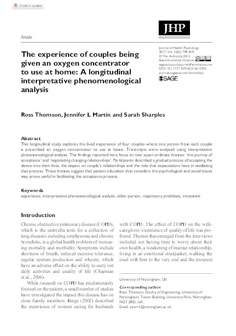 The experience of couples being given an oxygen concentrator to use at home: A longitudinal interpretative phenomenological analysis Thumbnail