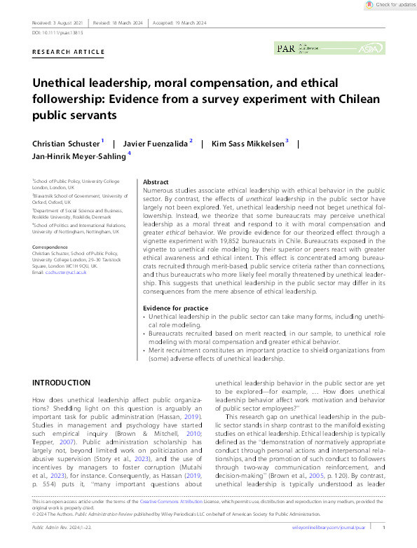 Unethical leadership, moral compensation, and ethical followership: Evidence from a survey experiment with Chilean public servants Thumbnail