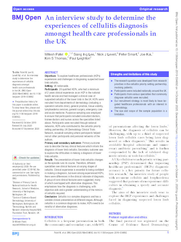 An interview study of the experiences of cellulitis diagnosis amongst health care professionals Thumbnail