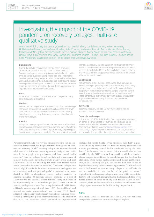 Investigating the impact of the COVID-19 pandemic on recovery colleges: multi-site qualitative study Thumbnail