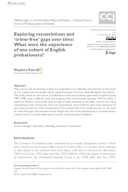 Exploring reconvictions and ‘crime-free’ gaps over time: What were the experience of one cohort of English probationers? Thumbnail