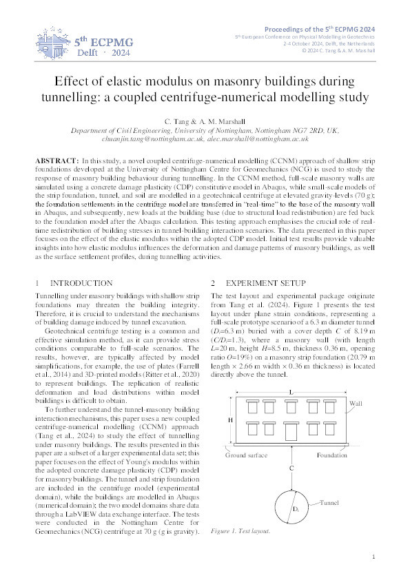 Effect of elastic modulus on masonry buildings during tunnelling: a coupled centrifuge-numerical modelling study Thumbnail