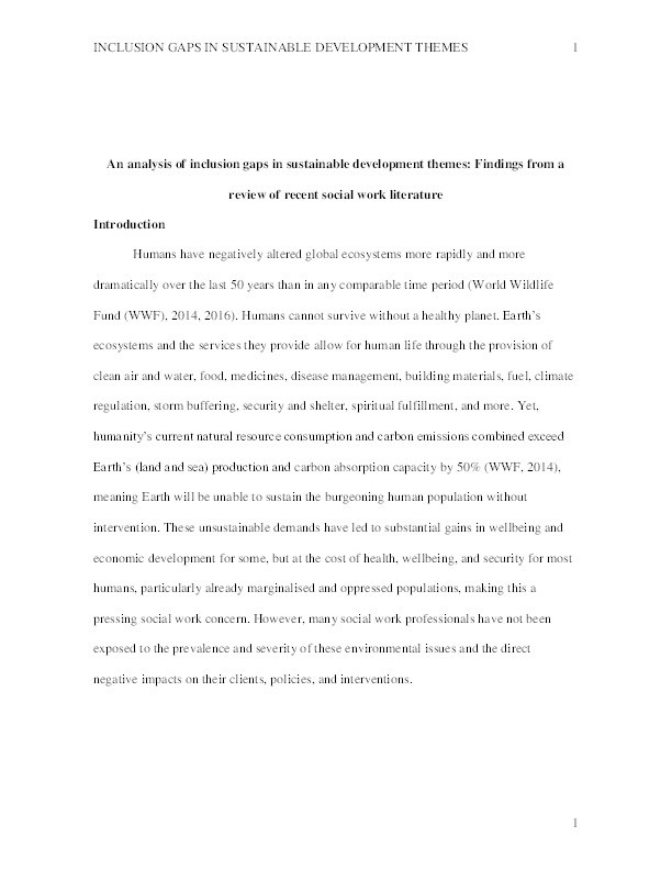 An analysis of inclusion gaps in sustainable development themes: Findings from a review of recent social work literature Thumbnail
