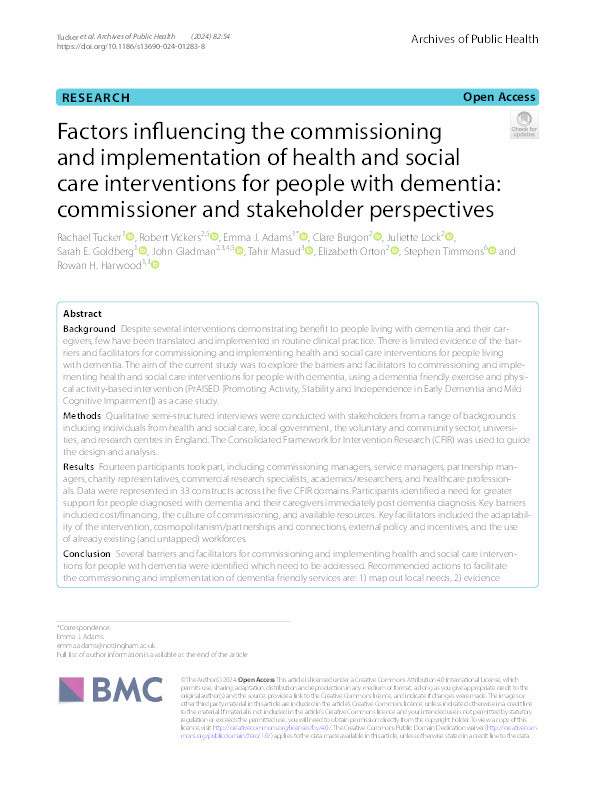 Factors influencing the commissioning and implementation of health and social care interventions for people with dementia: commissioner and stakeholder perspectives Thumbnail