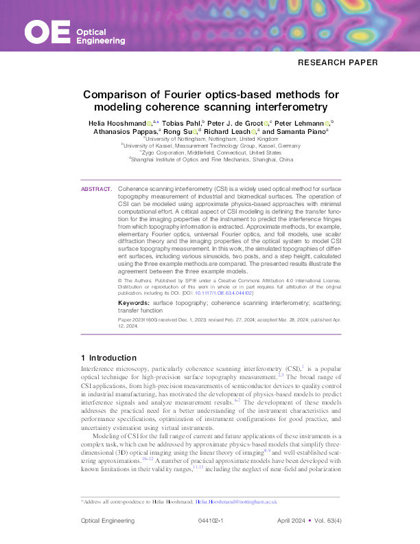Comparison of Fourier optics-based methods for modeling coherence scanning interferometry Thumbnail