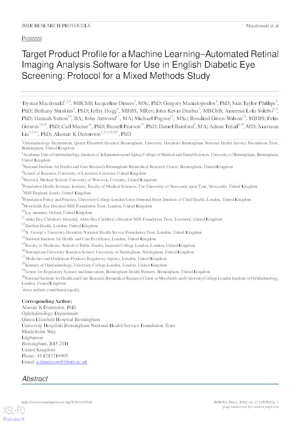 Target Product Profile for a Machine Learning–Automated Retinal Imaging Analysis Software for Use in English Diabetic Eye Screening: Protocol for a Mixed Methods Study Thumbnail