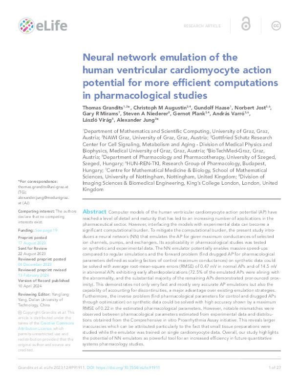 Neural network emulation of the human ventricular cardiomyocyte action potential for more efficient computations in pharmacological studies Thumbnail