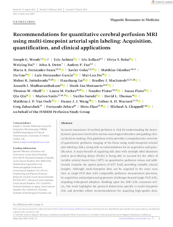 Recommendations for quantitative cerebral perfusion MRI using multi‐timepoint arterial spin labeling: Acquisition, quantification, and clinical applications Thumbnail