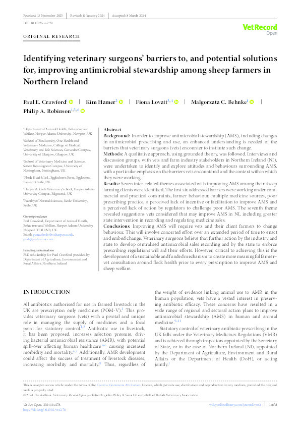Identifying veterinary surgeons’ barriers to, and potential solutions for, improving antimicrobial stewardship among sheep farmers in Northern Ireland Thumbnail