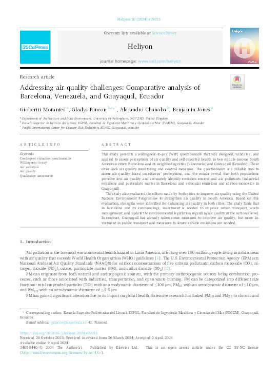 Addressing air quality challenges: Comparative analysis of Barcelona, Venezuela, and Guayaquil, Ecuador Thumbnail