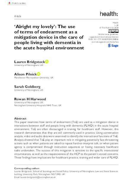 ‘Alright my lovely’: The use of terms of endearment as a mitigation device in the care of people living with dementia in the acute hospital environment Thumbnail