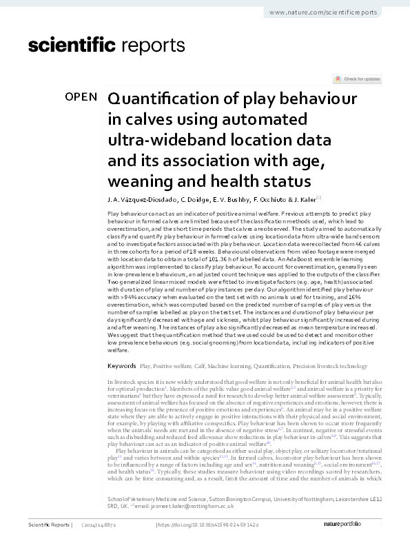 Quantification of play behaviour in farmed calves using automated ultra-wide band location data and its association with age, weaning and health status Thumbnail