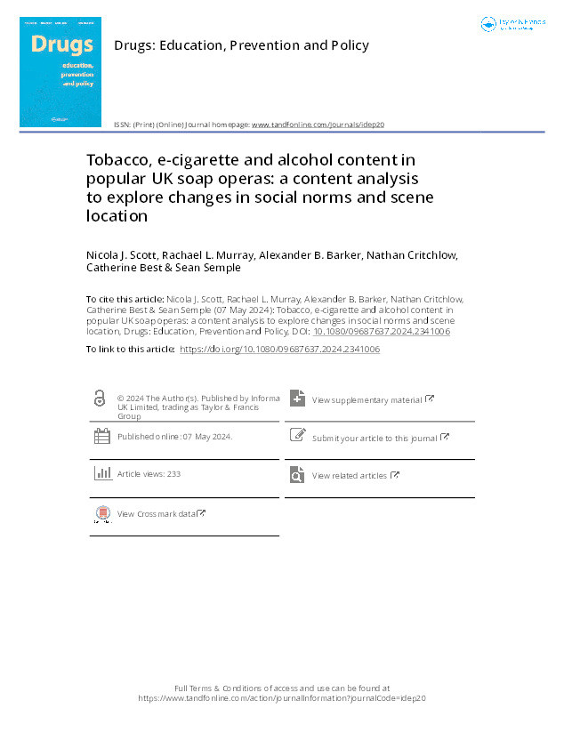 Tobacco, e-cigarette and alcohol content in popular UK soap operas: a content analysis to explore changes in social norms and scene location Thumbnail