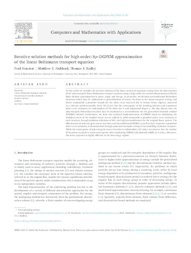 Iterative solution methods for high-order/hp–DGFEM approximation of the linear Boltzmann transport equation Thumbnail