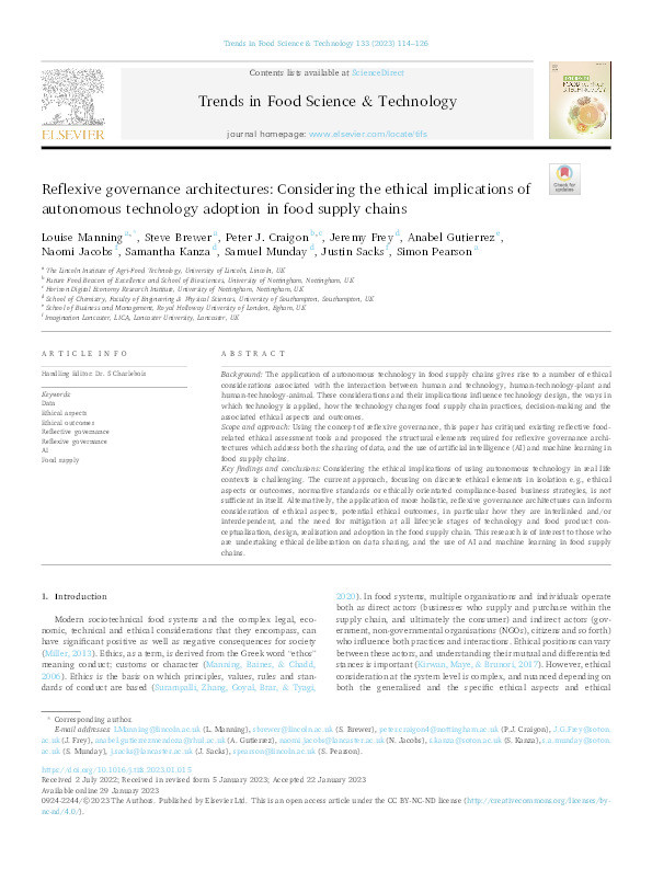 Reflexive governance architectures: Considering the ethical implications of autonomous technology adoption in food supply chains Thumbnail